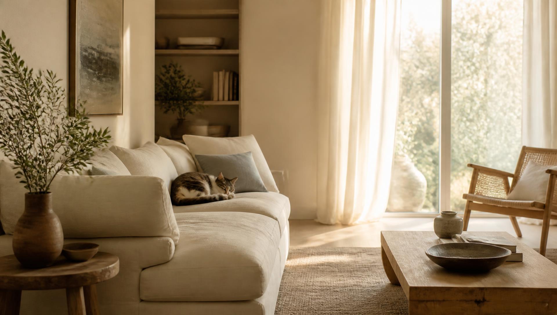 Calm ivory living room with a cat asleep on a clean sofa